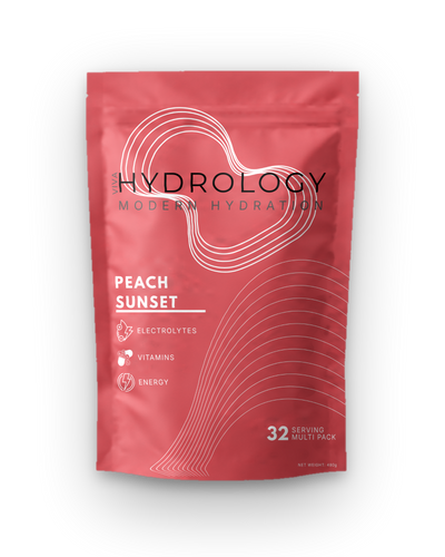 Hydrology Sunset Peach electrolyte drink mix, 32-serving pouch (480g)