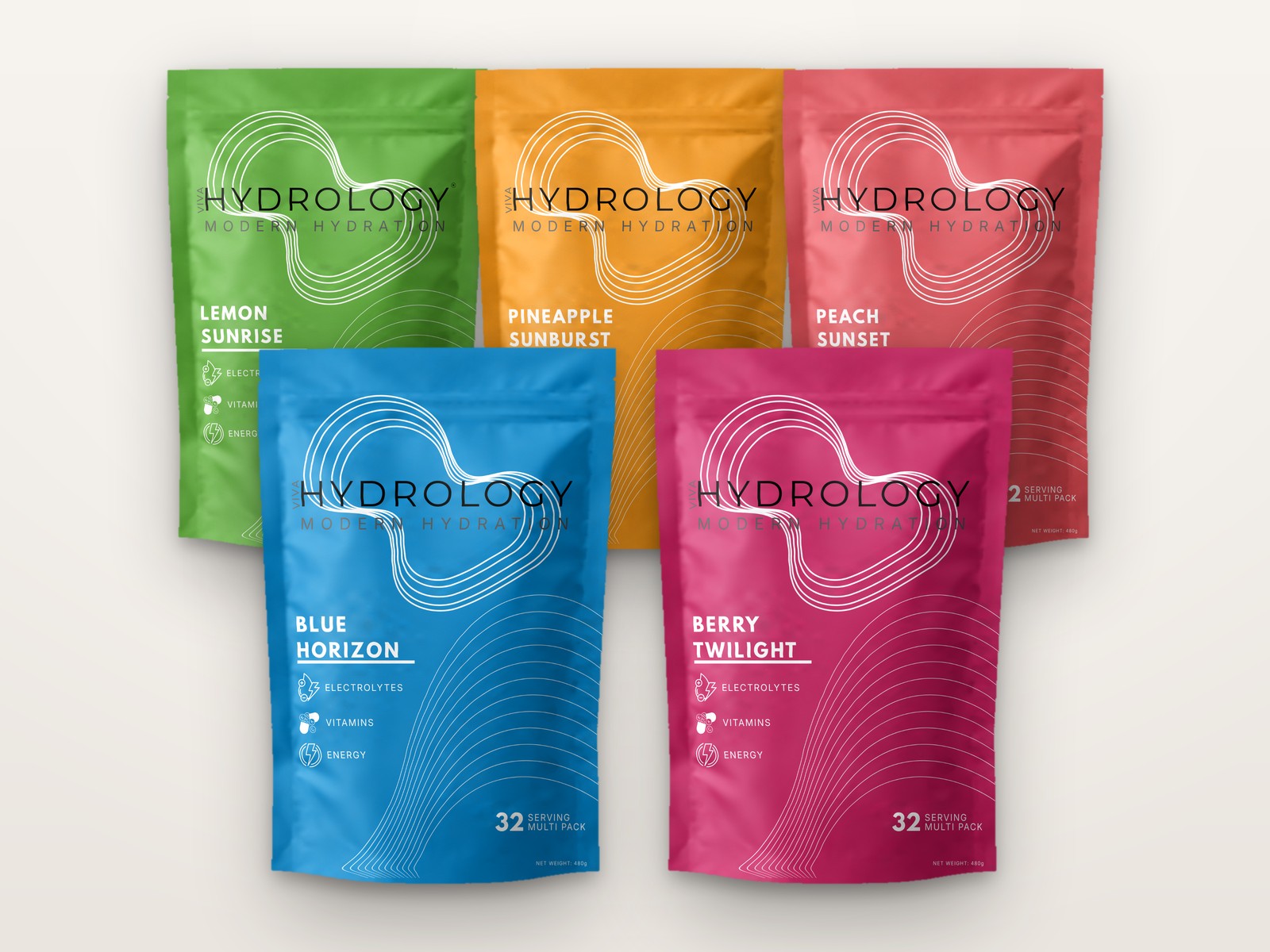 The Hydrology range: Blue Horizon, Lemon Sunrise, Pineapple Sunburst, Peach Sunset and Berry Twilight
