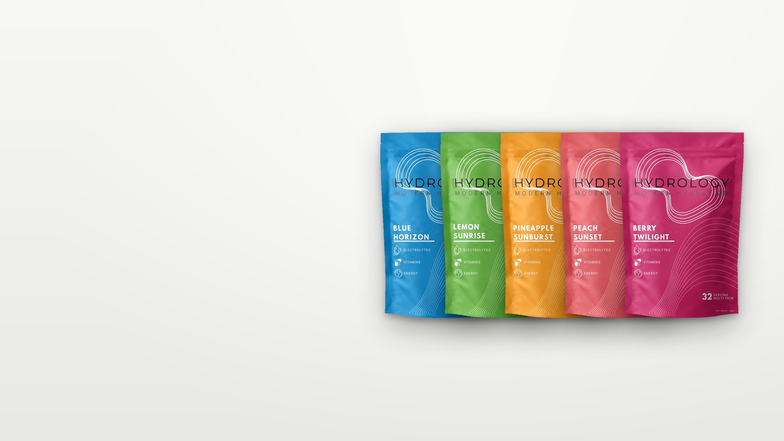 Hydrology electrolyte drink mix pouches in Blue Horizon, Lemon Sunrise, Pineapple Sunburst, Peach Sunset and Berry Twilight