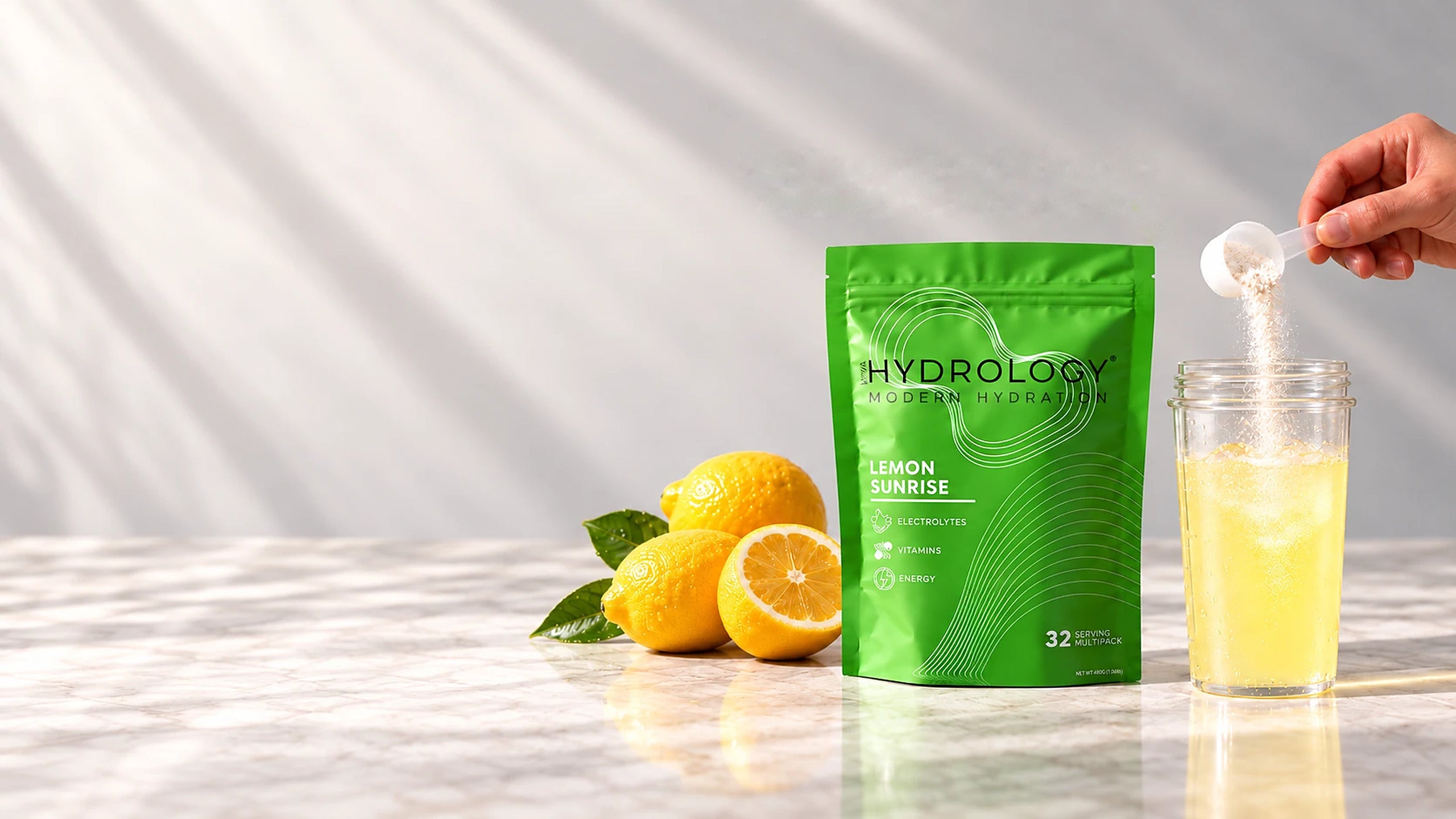 Hydrology electrolyte drink mix pouches in Blue Horizon, Lemon Sunrise, Pineapple Sunburst, Peach Sunset and Berry Twilight