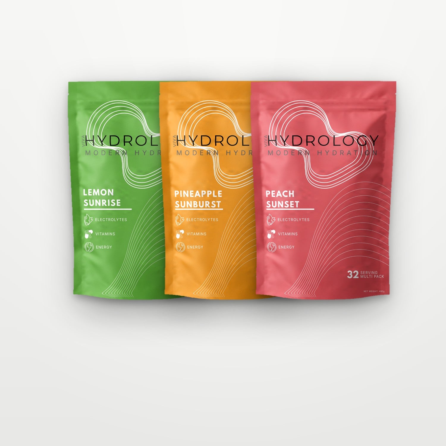 Hydrology pouches in Lemon Sunrise, Pineapple Sunburst and Peach Sunset