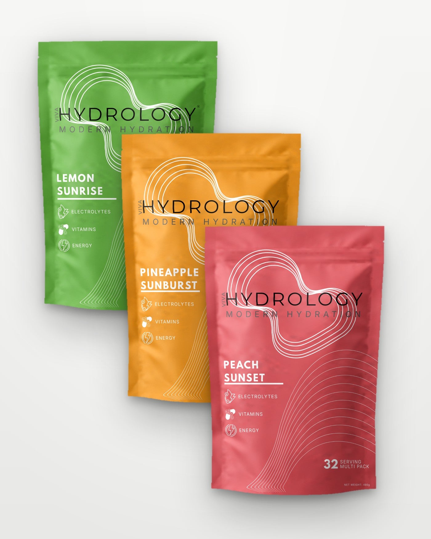 Hydrology pouches in Lemon Sunrise, Pineapple Sunburst and Peach Sunset